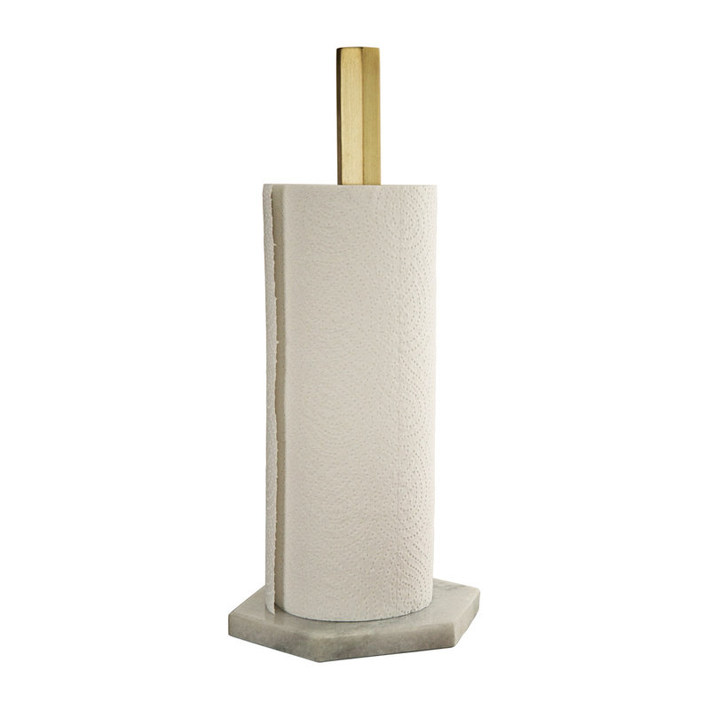 Ferm Living Hexagon Paper Towel Holder / Kitchen Towel Stand - White Marble & Brass