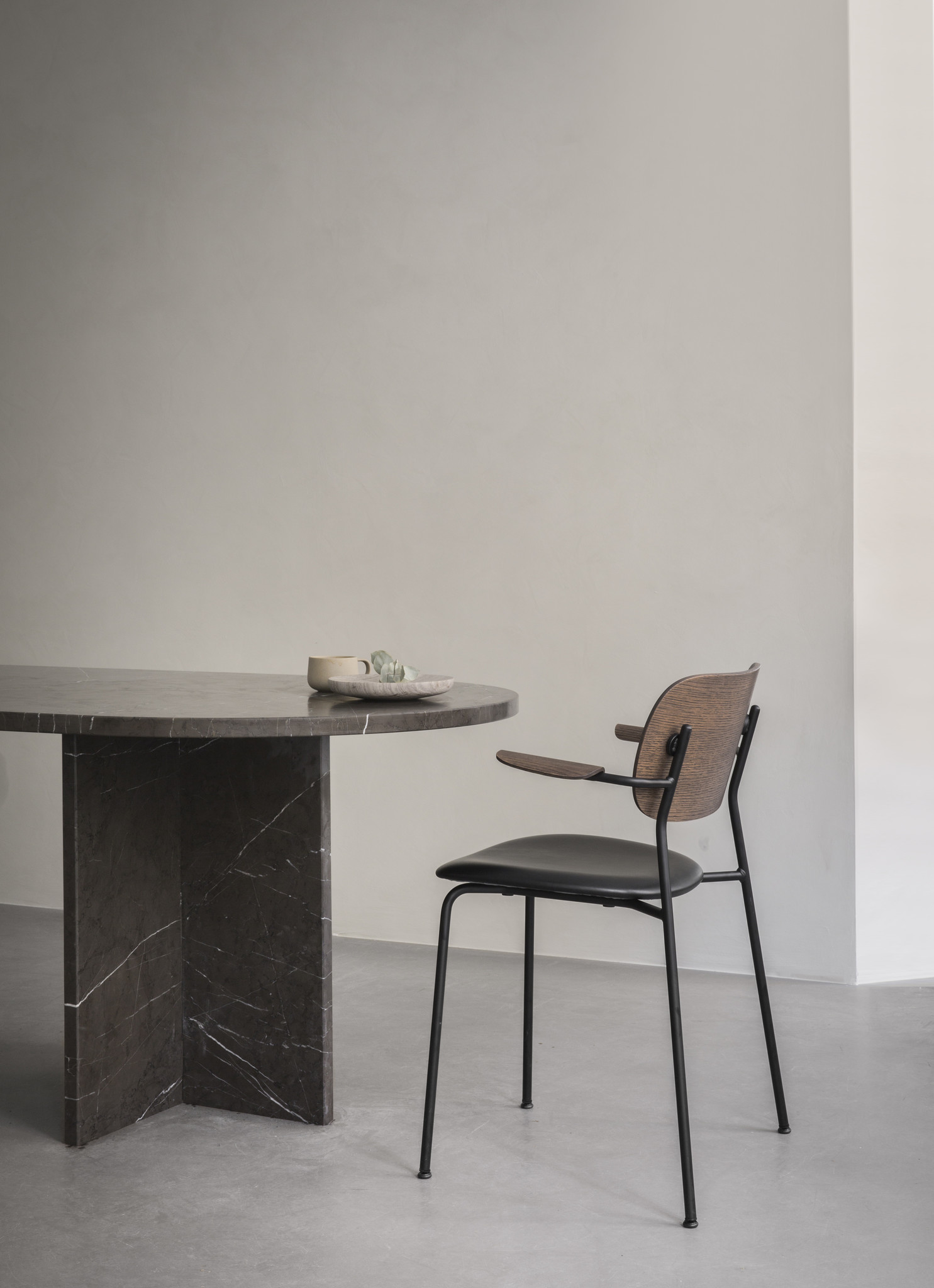 Audo Copenhagen Co Dining Chair, Black Steel Base, Dark Stained Oak Seat and Back
