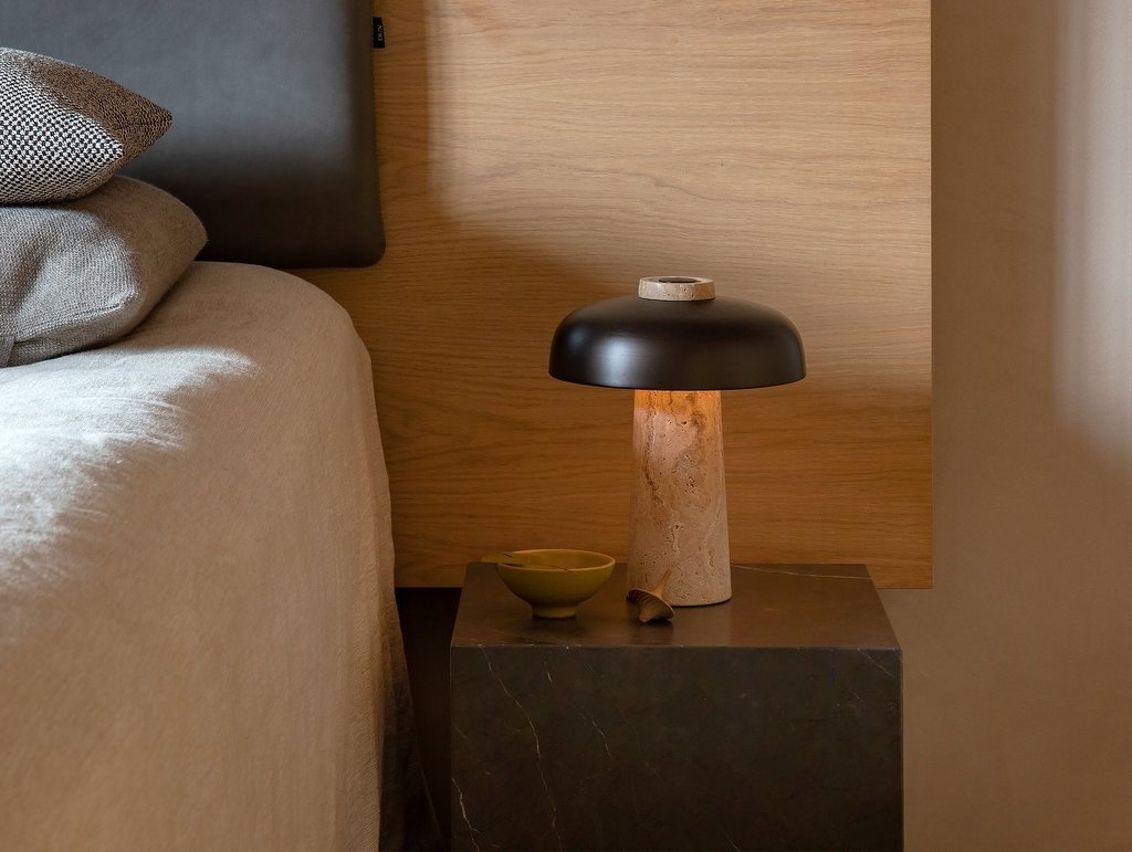 Audo Copenhagen Reverse, Table Lamp, Travertine, Bronzed Brass