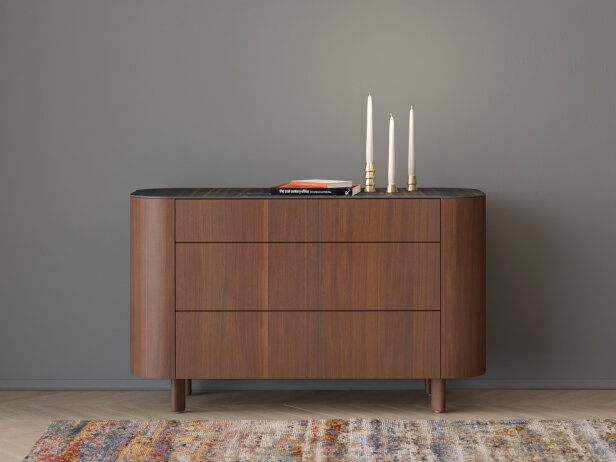 Ligne Roset Parabole 3 drawer chest - Donker Notenhout/Blad Zandsteen Marquina Keramiek