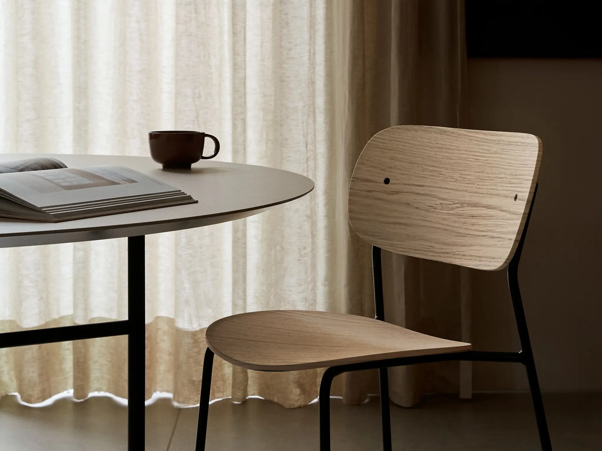 Audo Copenhagen Co Dining Chair, Black Steel Base, Dark Stained Oak Seat and Back