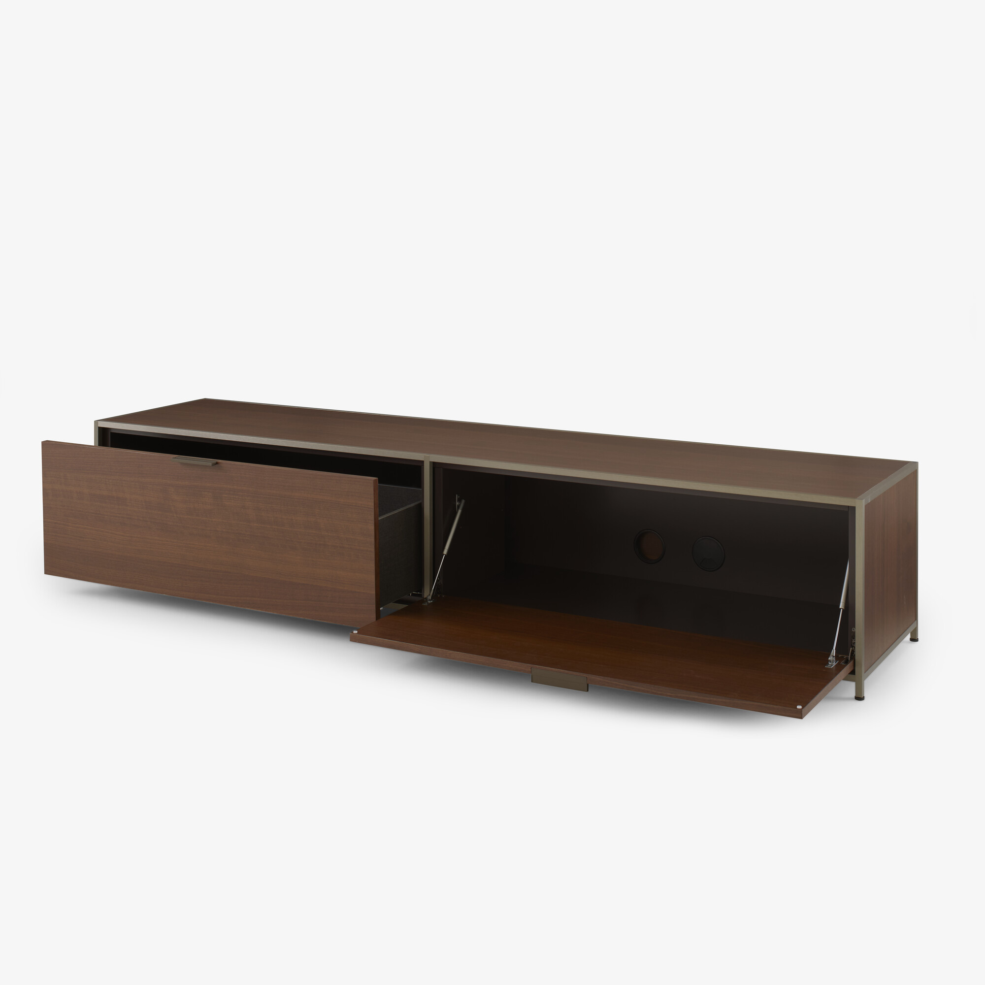 Ligne Roset Dita Tv cabinet 1 drawer + 1 flap door - donker notenhout/brushed bronze
