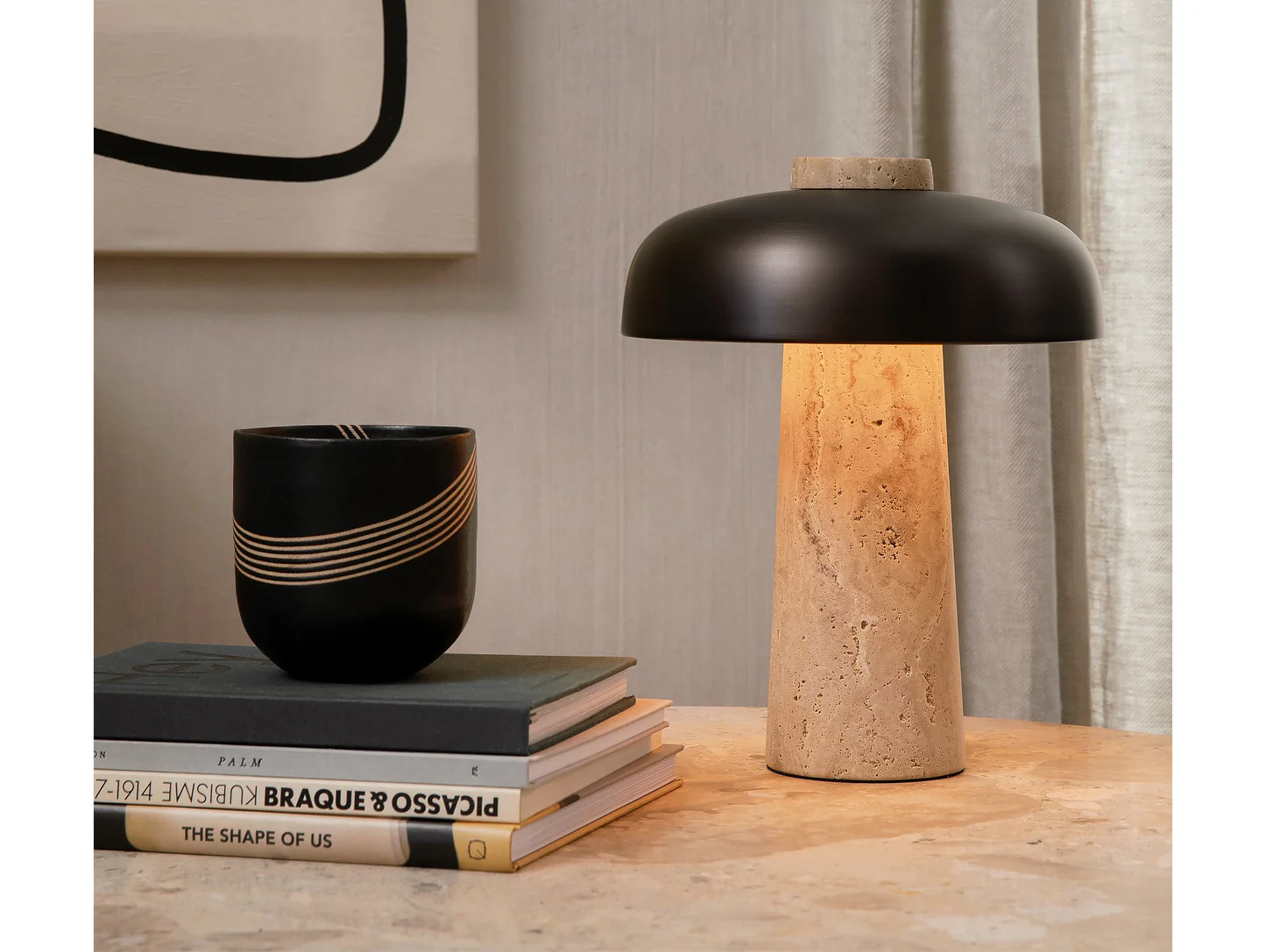 Audo Copenhagen Reverse, Table Lamp, Travertine, Bronzed Brass
