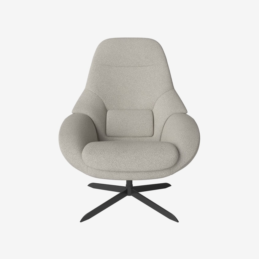 Bolia Saga Armchair with return swivel function with footstool and headrest - Paza Sand, Black Lacquered Steel