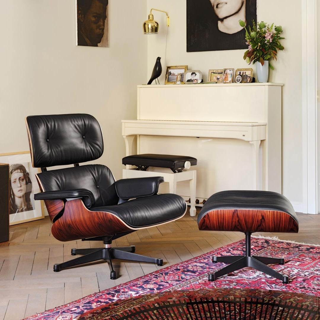 Vitra Eames Ottoman - Leder Premium Umbra Grey/Notenhout Zwart Gepigmenteerd