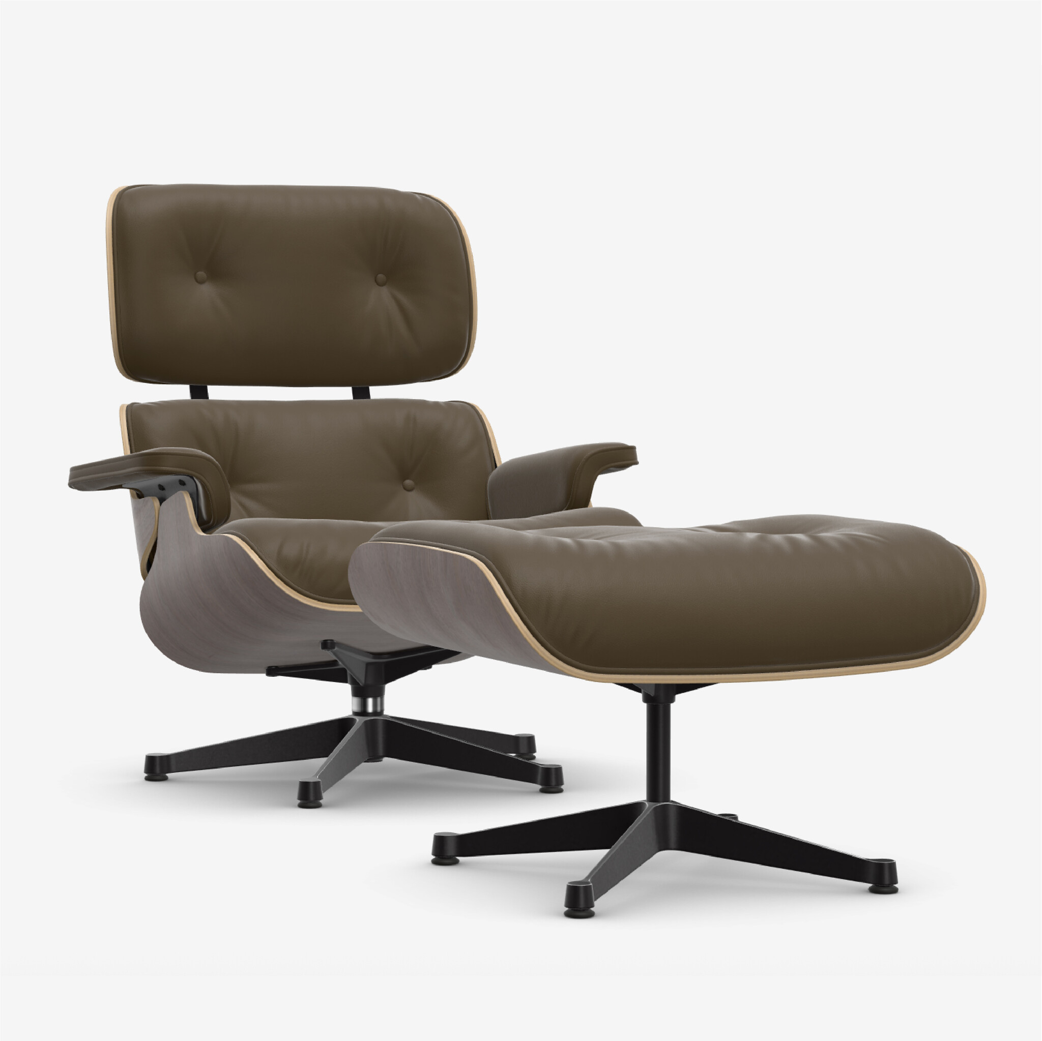 Vitra Eames Lounge Chair XL + Ottoman - Leder Premium F Olive/Notenhout Zwart Gepigmenteerd/Gepolijst Zijkant zwart