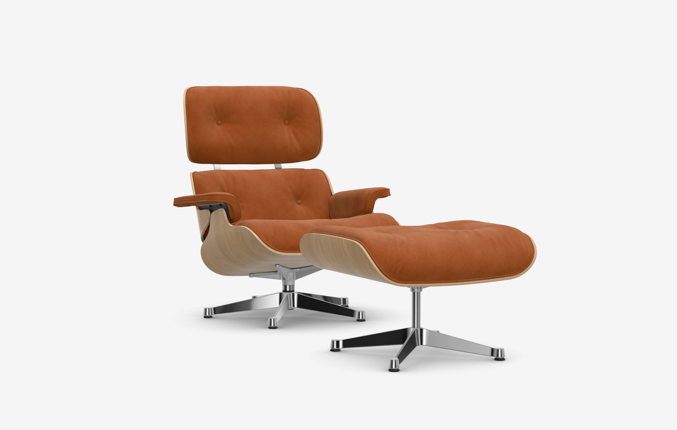 Vitra Eames Lounge Chair + Ottoman - Calma Cognac/Kastanje Naturel Gelakt/Gepolijst Aluminium