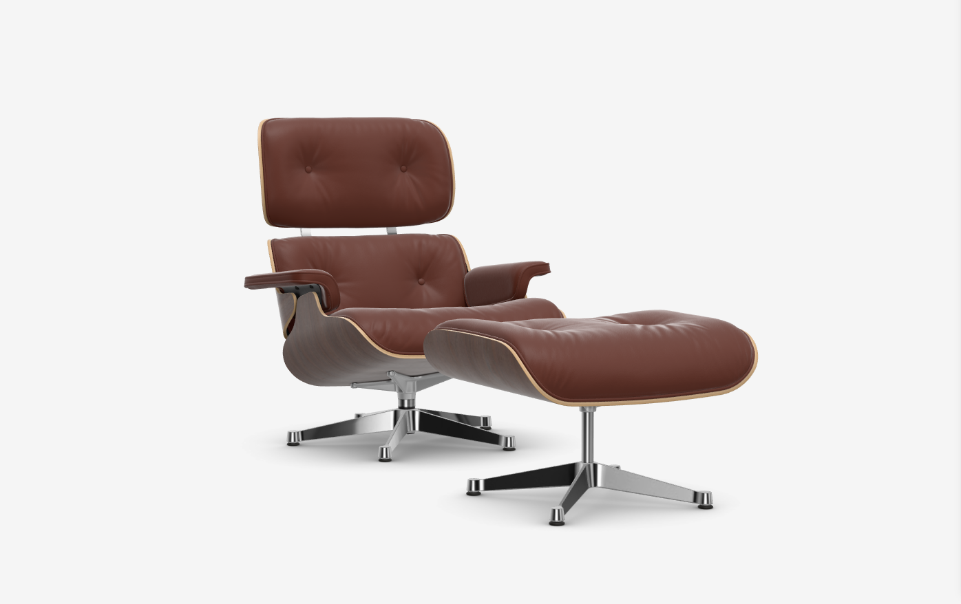 Vitra Eames Lounge Chair + Ottoman - Leather Premium F Brandy/Notenhout Donker Gelakt/Gepolijst Aluminium