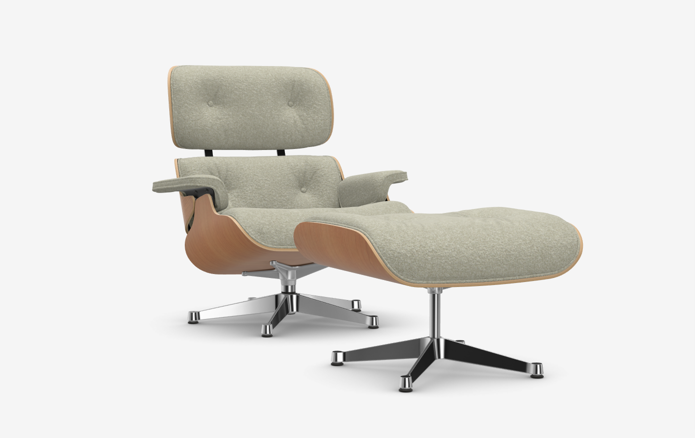 Vitra Eames Lounge Chair + Ottoman - Nubia Cream Sand/American Cherry/Gepolijst Aluminium