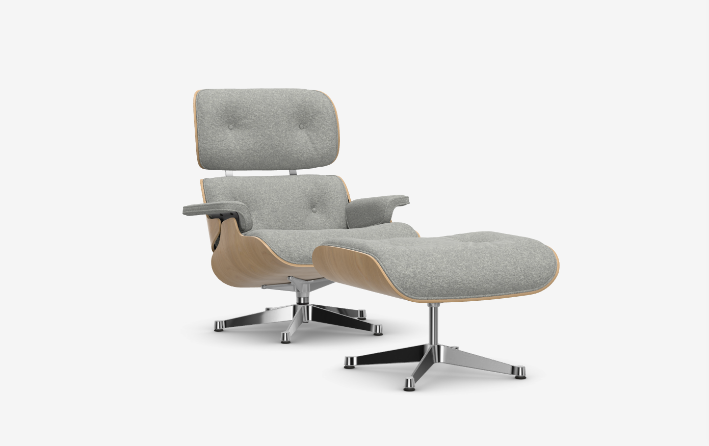 Vitra Eames Lounge Chair + Ottoman - Nubia Cream Sierra Grey/Kastanje Natural Gelakt/Gepolijst Aluminium