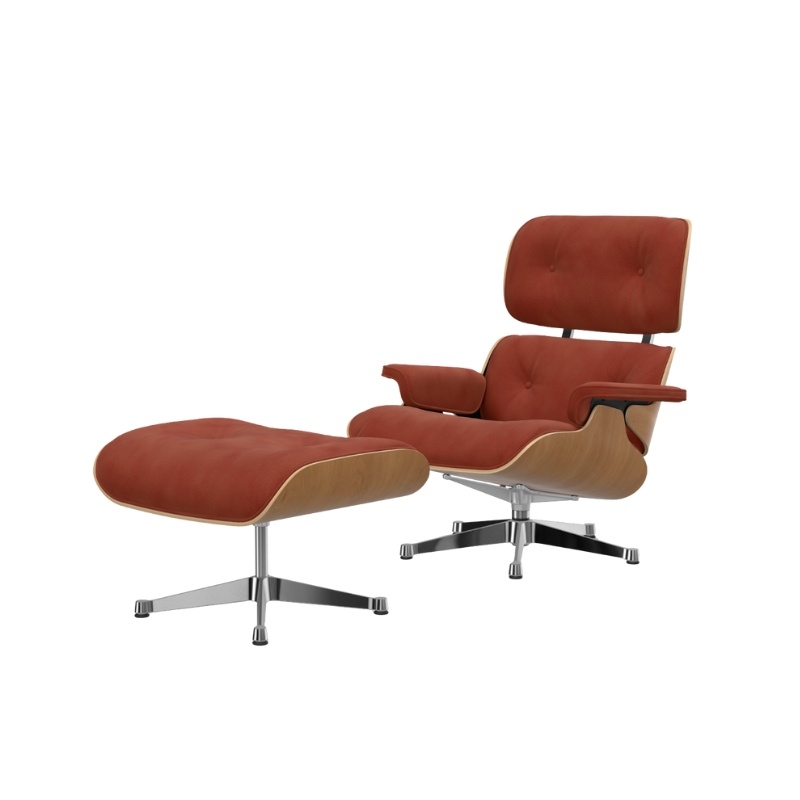 Vitra Eames Lounge Chair + Ottoman - Calma Brandy/Kersen Naturel Gelakt/Gepolijst Aluminium