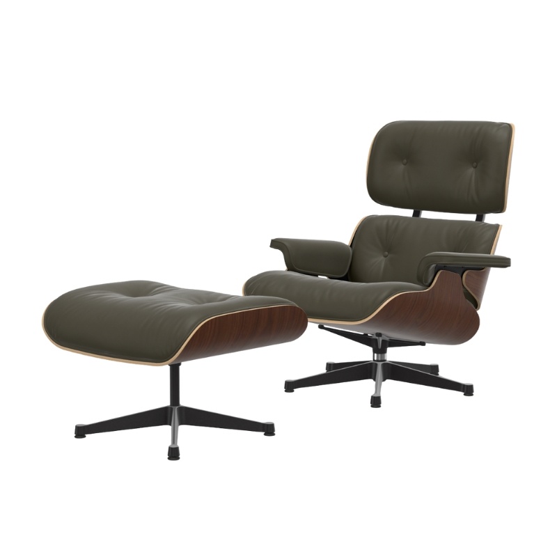 Vitra Eames Lounge Chair + Ottoman - Leather Premium F Khaki /Notenhout Donker Gelakt/Gepolijst Aluminium en Diepzwarte Zijkanten