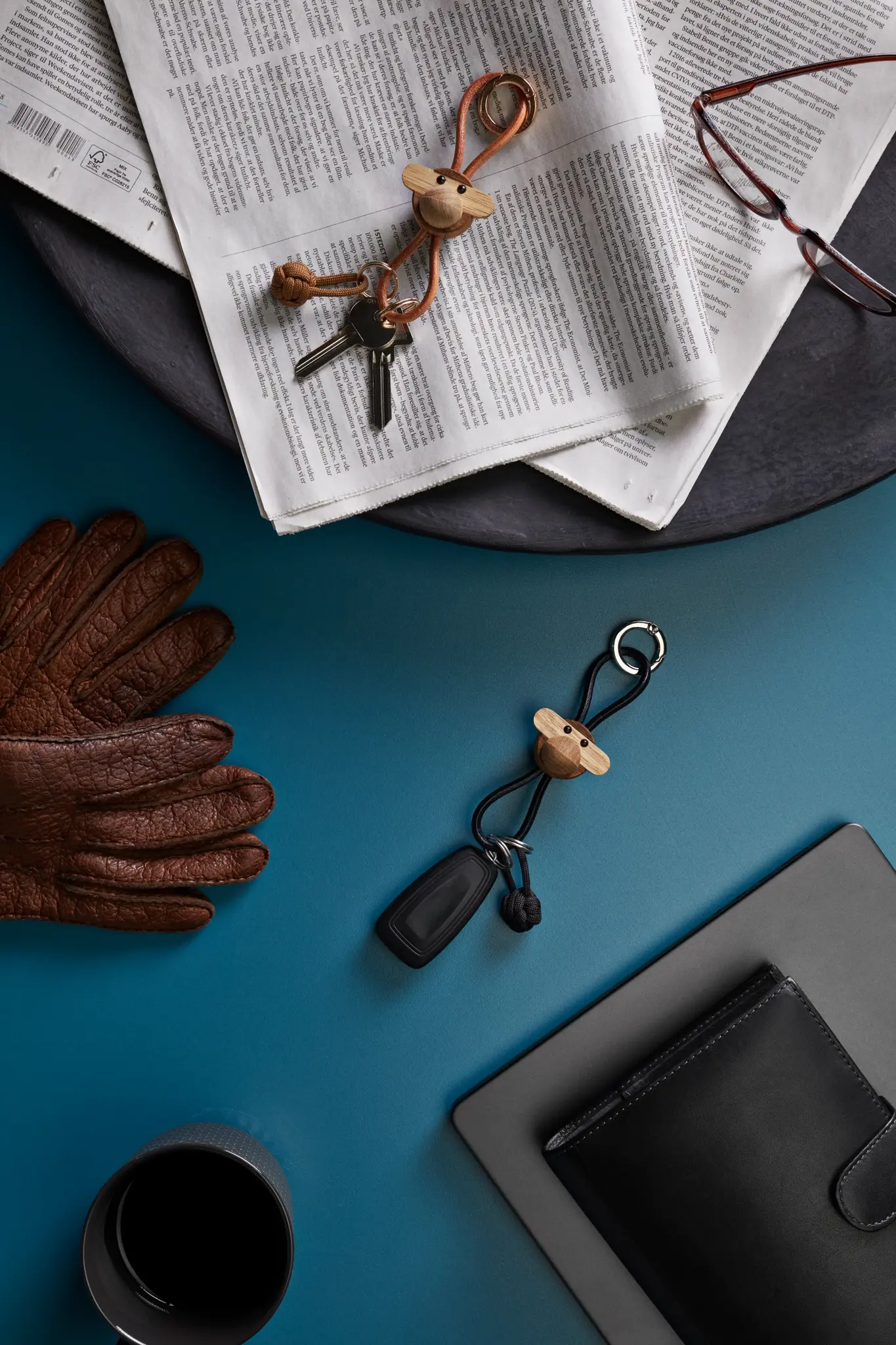 Kay Bojesen Monkey Golden Metal Keychain - Natural Leather