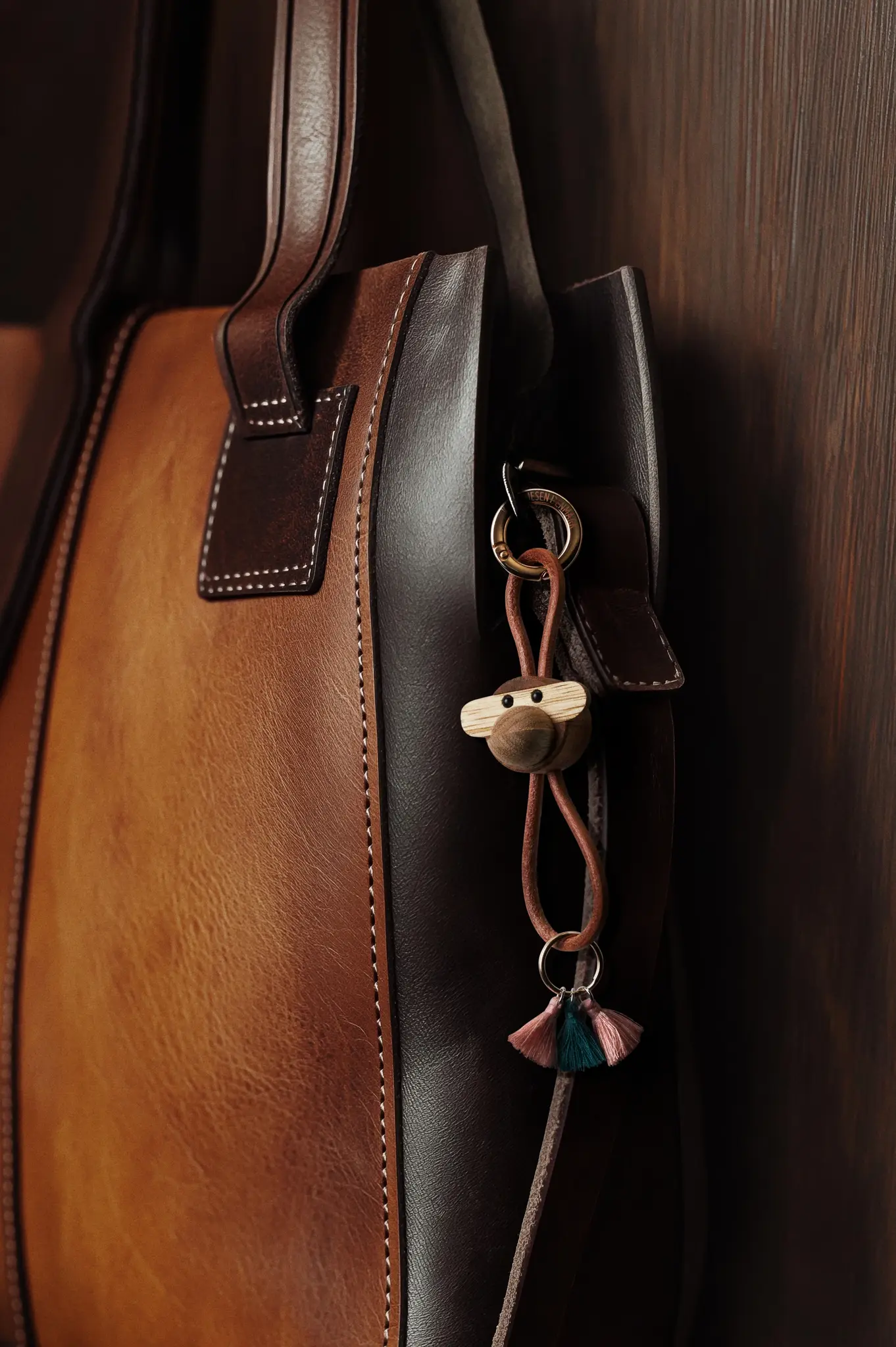 Kay Bojesen Monkey Golden Metal Keychain - Natural Leather