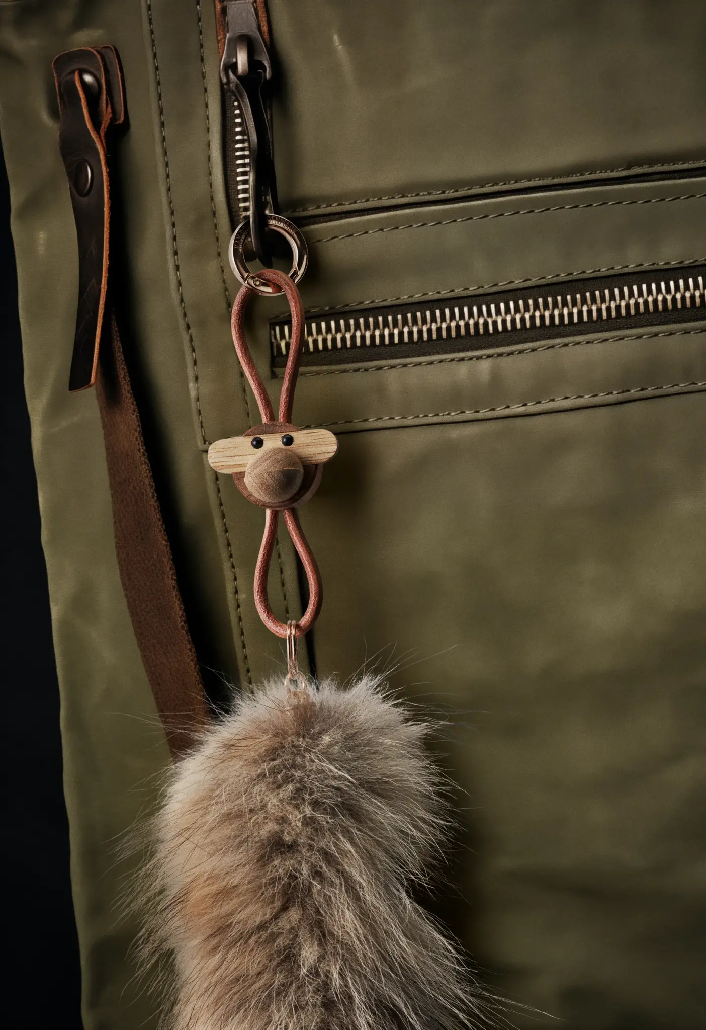 Kay Bojesen Monkey Golden Metal Keychain - Natural Leather