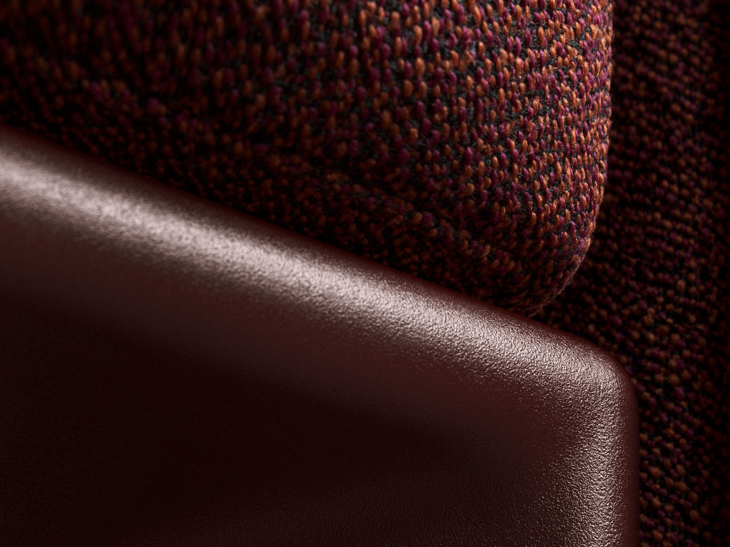 Vitra Anagram Sofa - Dark Bordeaux frame - Cento Dark Red Melange - aanbouwtafel eik 30 x 90cm