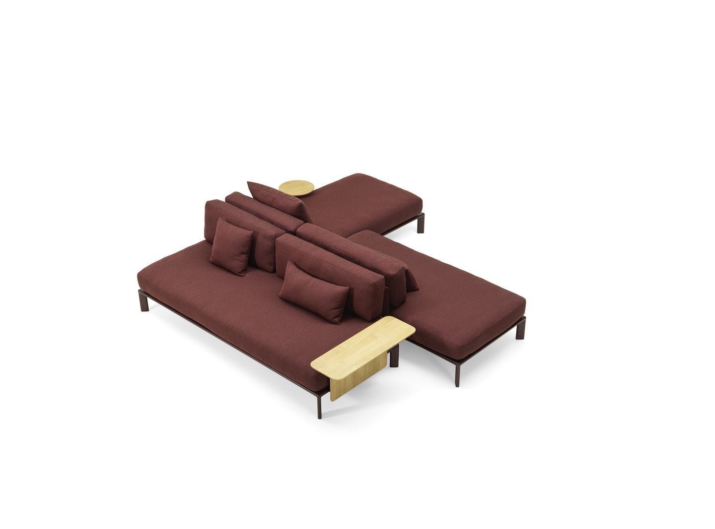 Vitra Anagram Sofa - Dark Bordeaux frame - Cento Dark Red Melange - aanbouwtafel eik 30 x 90cm