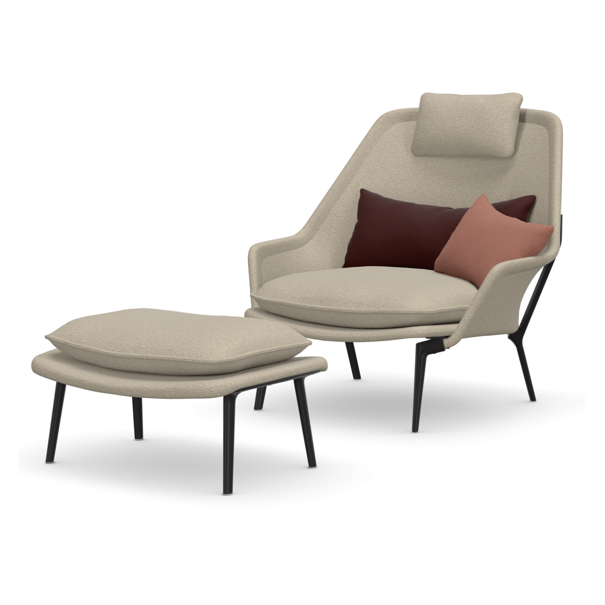 Vitra Slow Chair en Ottoman (stof) - Flocca (beige) - Kussen 40 x 30 (Credo - Pale rose/cognac) - Kussen 65 x 30 (Hola - Chestnut)