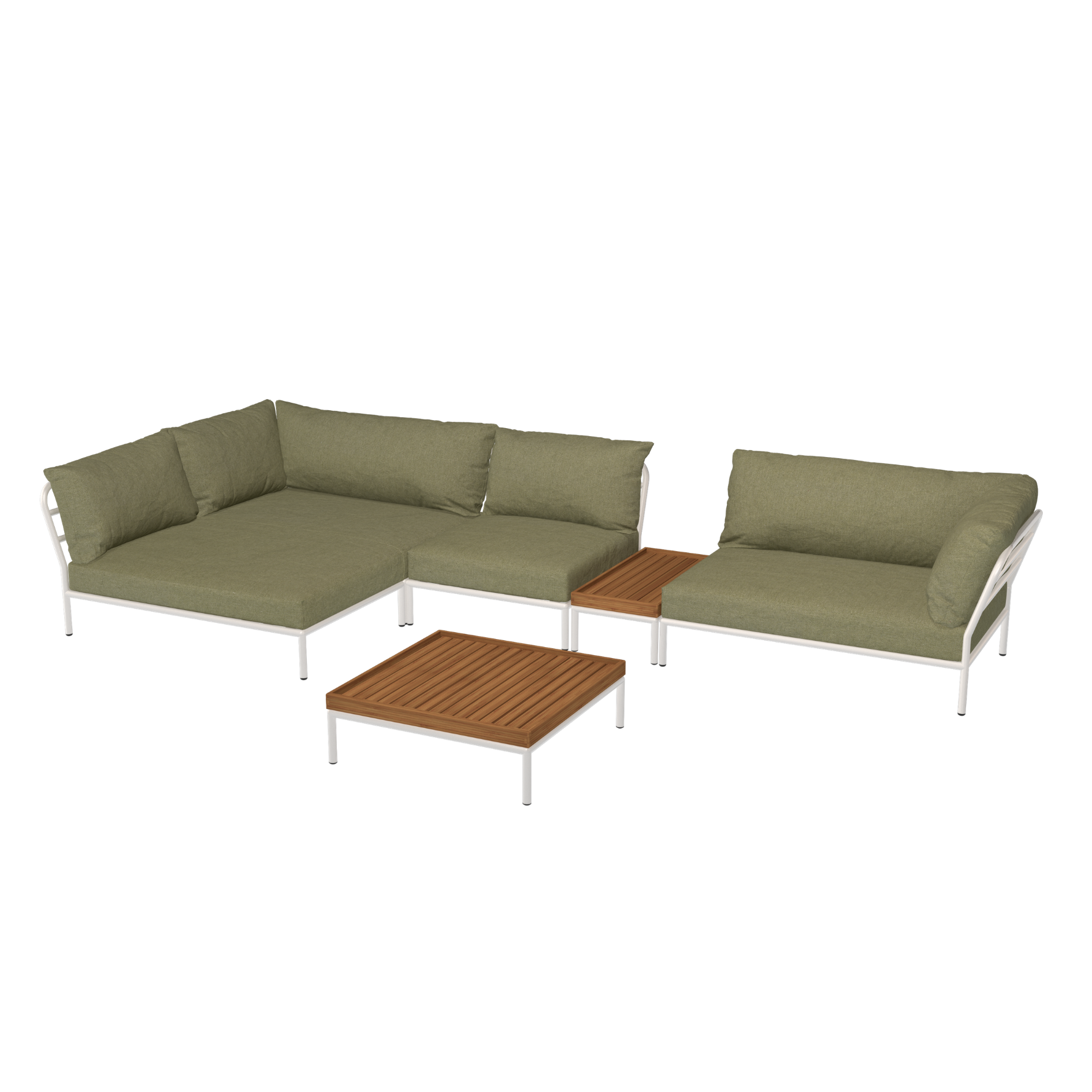 HOUE Level 2 Configuratie:  Cozy Corner Left + Chair + Side Table Bamboo + Corner Right + Coffee Table Bamboo - Muted White Base