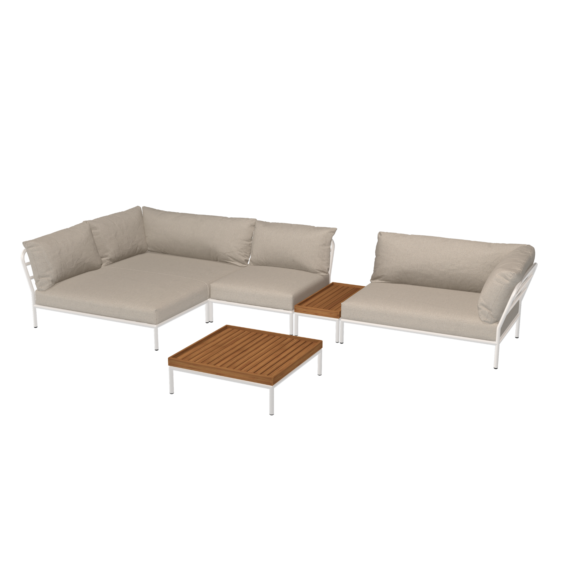 HOUE Level 2 Configuratie:  Cozy Corner Left + Chair + Side Table Bamboo + Corner Right + Coffee Table Bamboo - Muted White Base