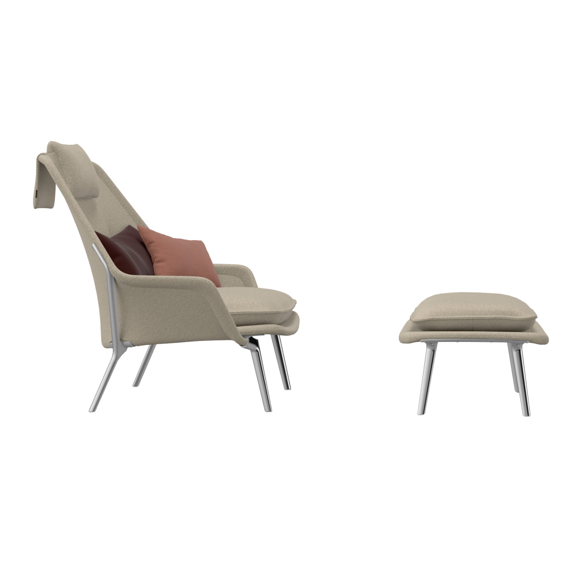 Vitra Slow Chair en Ottoman (stof) - Flocca (beige) - Kussen 40 x 30 (Credo - Pale rose/cognac) - Kussen 65 x 30 (Hola - Chestnut)