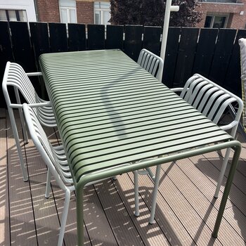 HAY Palissade Set: Table 170 x 90 cm Olive - Chair w/o armrests Sky Grey - Dining Armchair Sky Grey - SHOWROOMMODEL