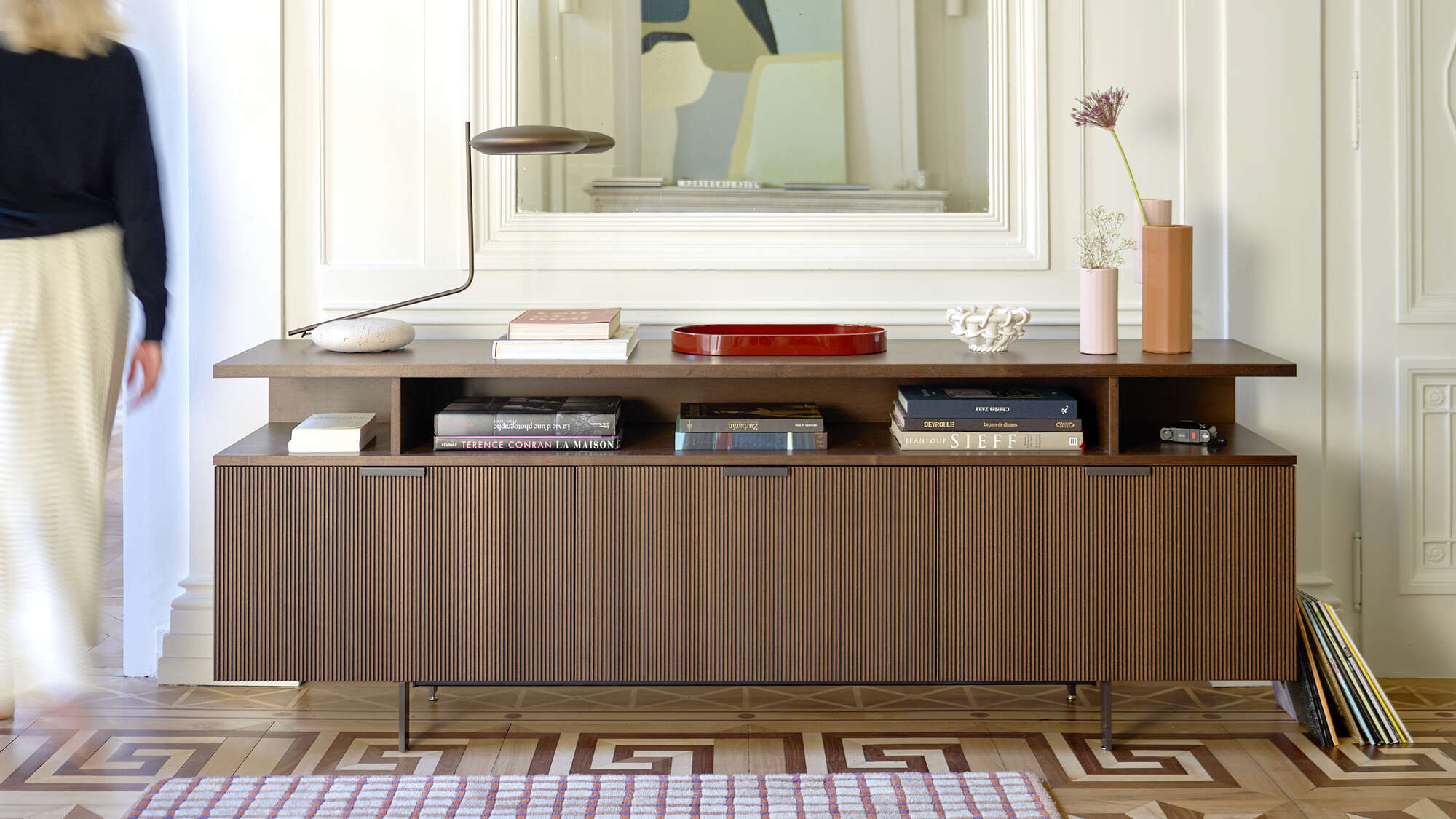 Ligne Roset Selvans Dressoir Met Open Elementen 2 Kleppen/1 Lade - Walnoot/Keramiek