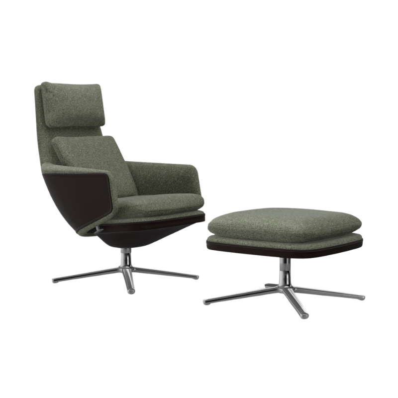 Vitra Grand Relax & Ottoman - Aluminium/Nubia Ivory Forest/ Leder Forte Chocolate