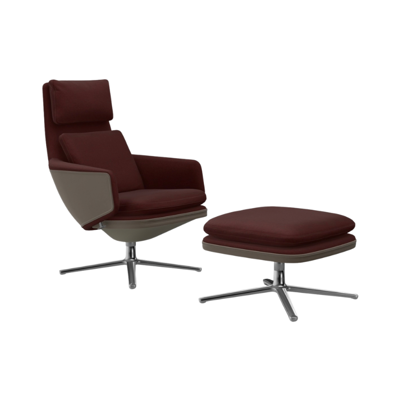 Vitra Grand Relax & Ottoman - Aluminium Gepolijst/Cosy 2 Chestnut/ Leder Forte Sand