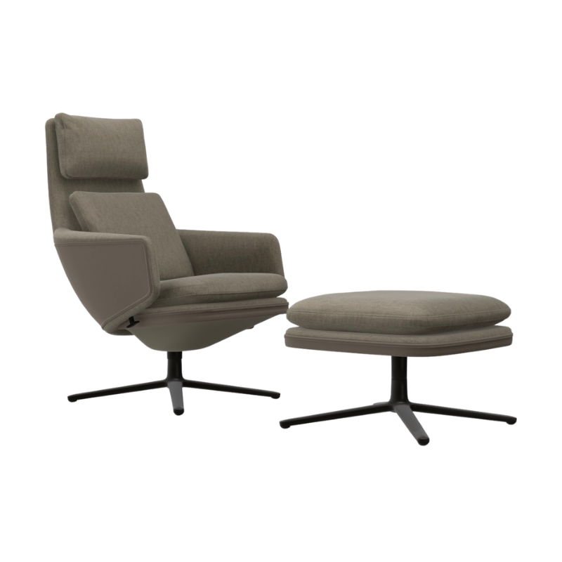 Vitra Grand Relax & Ottoman- Aluminium Basic Dark/Corsaro Bamboo Melange/ Leder Forte Sand