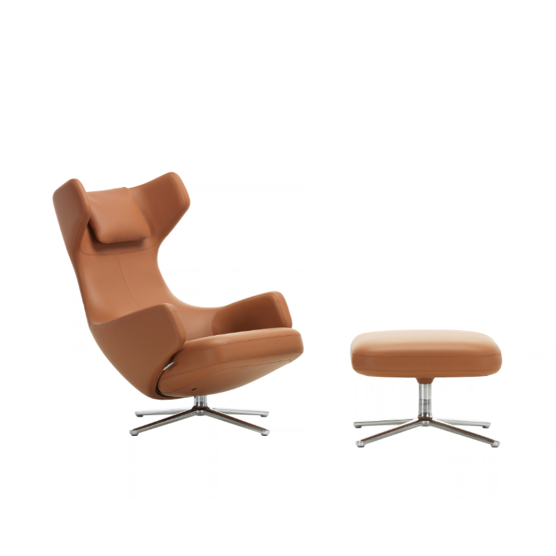 Vitra Grand Repos & Ottoman - Aluminium Gepolijst/Leather Premium F Cognac