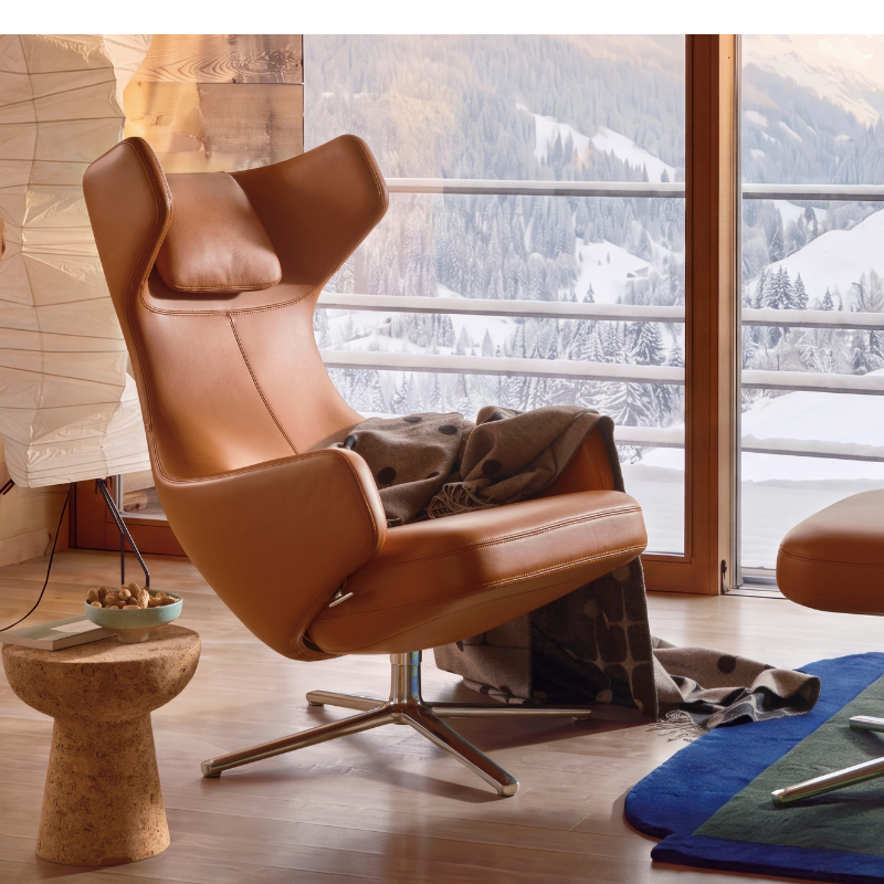 Vitra Grand Repos & Ottoman - Aluminium Gepolijst/Leather Premium F Cognac