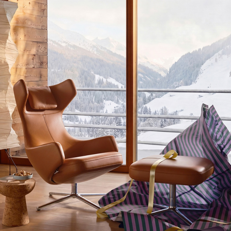 Vitra Grand Repos & Ottoman - Aluminium Gepolijst/Leather Premium F Cognac