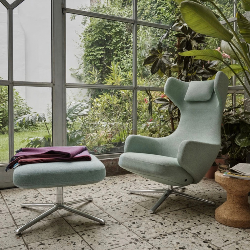Vitra Grand Repos & Ottoman - Aluminium Gepolijst/Dumet Pale Blue Emerald