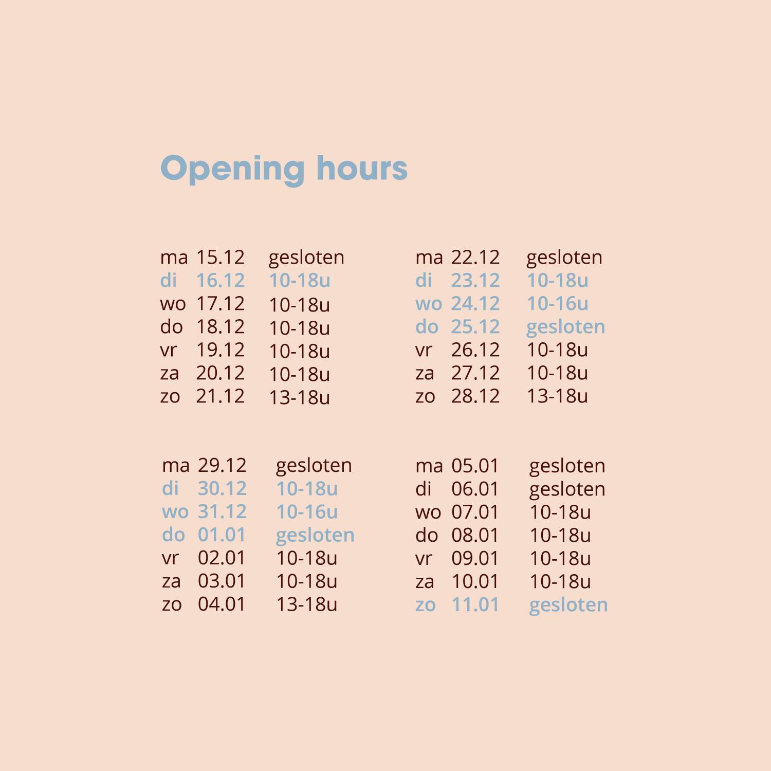 Tijdens de feestperiode zijn we extra open! Ook op dinsdag én zondag ben je welkom. ✨  