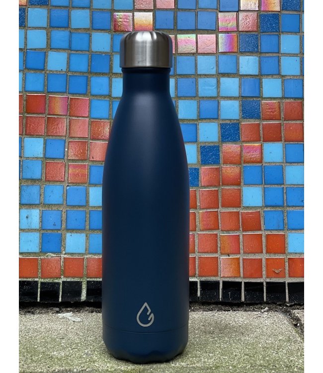 Design waterfles RVS donkerblauw 500 ml - dop met rietje - Wattamula