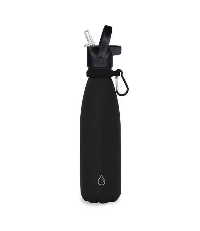 Wattamula Design eco RVS waterfles zwart 500 ml - extra dop met rietje en carrier - Wattamula