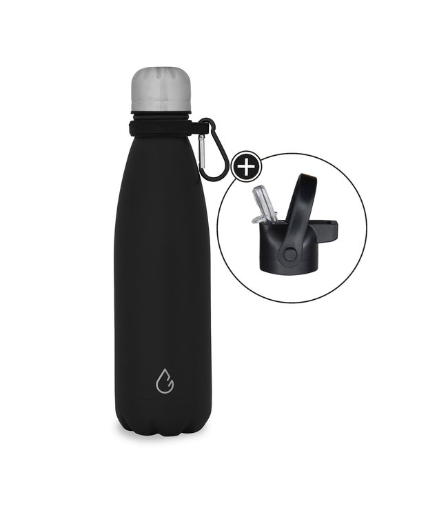 FLOW waterfles RVS zwart 500 ml - dop met rietje