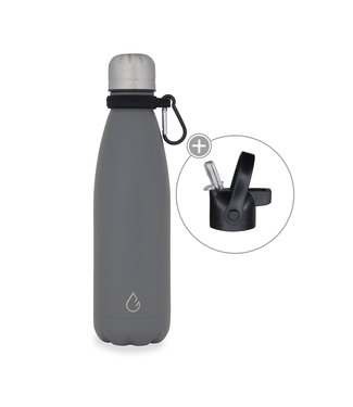 Design waterfles RVS donkergrijs 500 ml - dop met rietje