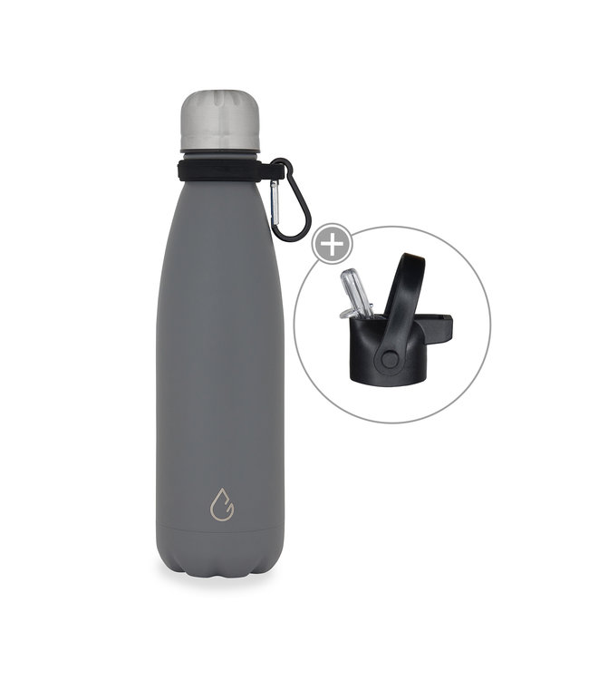 Design waterfles RVS donkergrijs 500 ml - dop met rietje