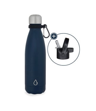 Wattamula Design eco RVS waterfles donkerblauw 500 ml - extra dop met rietje en carrier