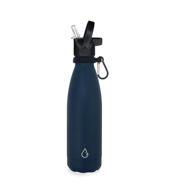 Wattamula Design eco RVS waterfles donkerblauw 500 ml - extra dop met rietje en carrier - Wattamula