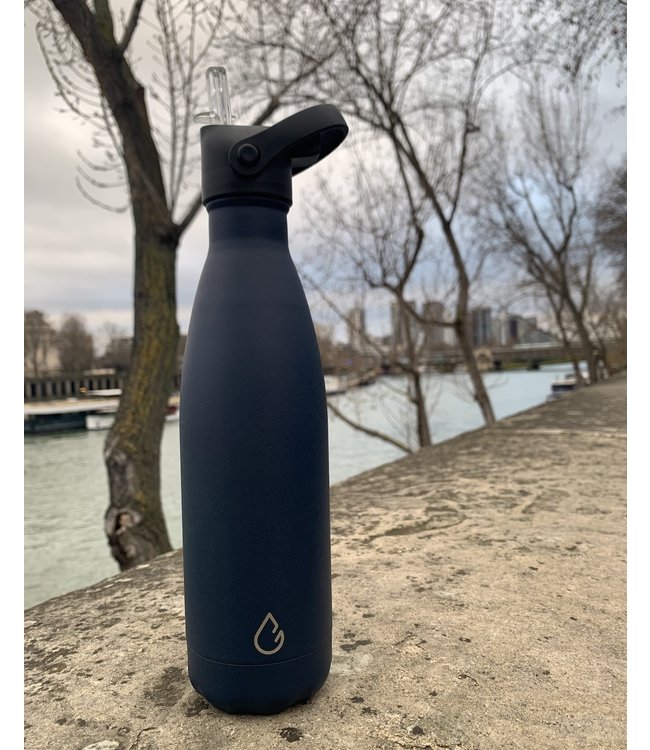 Design waterfles RVS donkerblauw 500 ml - dop met rietje - Wattamula