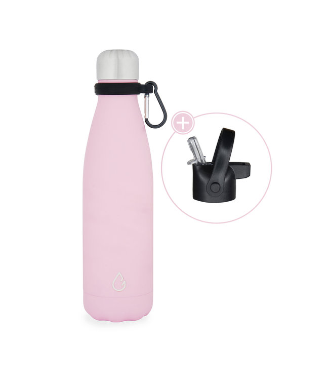 Oxide hemel knuffel Design eco RVS waterfles pastel roze 500 ml - dop met rietje & carrier -  Wattamula