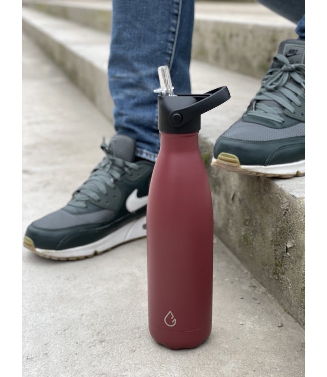 FLOW waterfles RVS burgundy 500 ml - dop met rietje