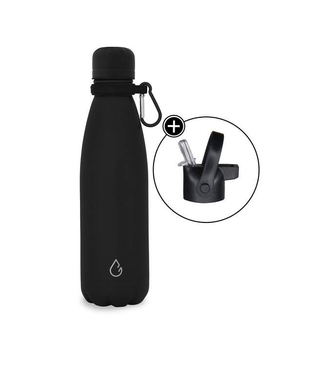 All FLOW waterfles RVS zwart 500 ml - dop met rietje