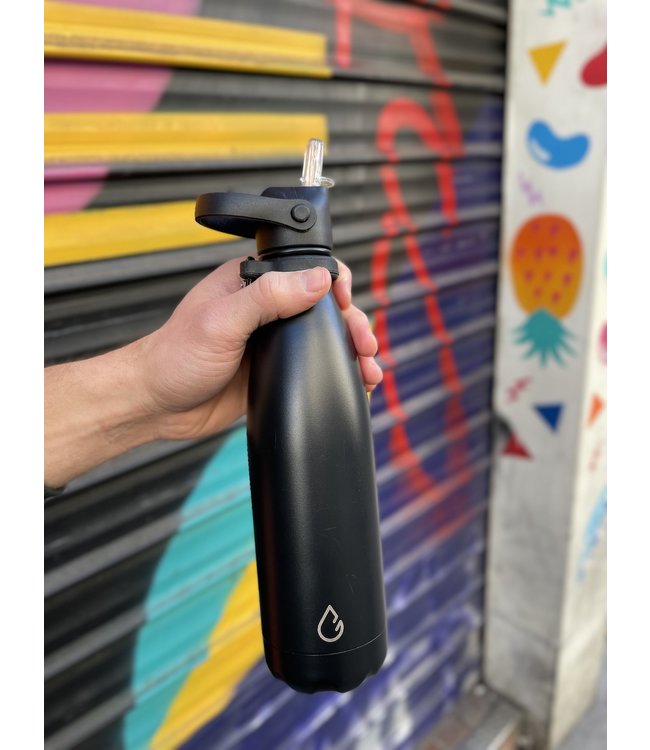 All FLOW waterfles RVS zwart 500 ml - dop met rietje