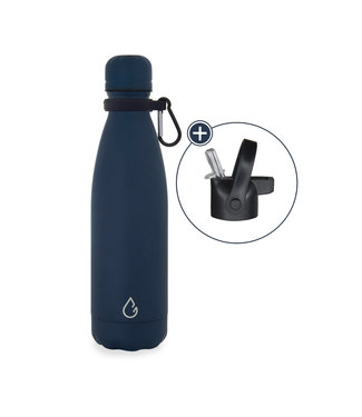 All FLOW waterfles RVS donkerblauw 500 ml - dop met rietje