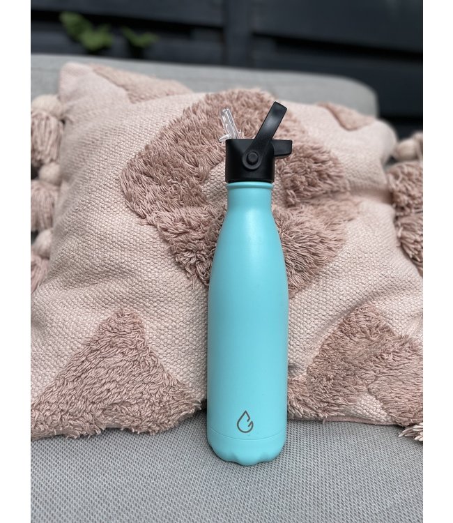 All design waterfles RVS lichtblauw 500 ml - dop met rietje - Wattamula