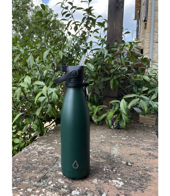 All FLOW waterfles RVS mosgroen 500 ml - dop met rietje